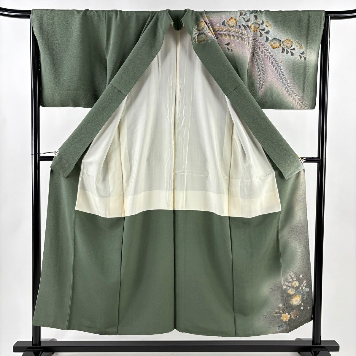 訪問服 身長151.5cm 袖長65.5cm M 雙層 櫻花 染分 朦朧 灰綠 純蠶絲 優品級
