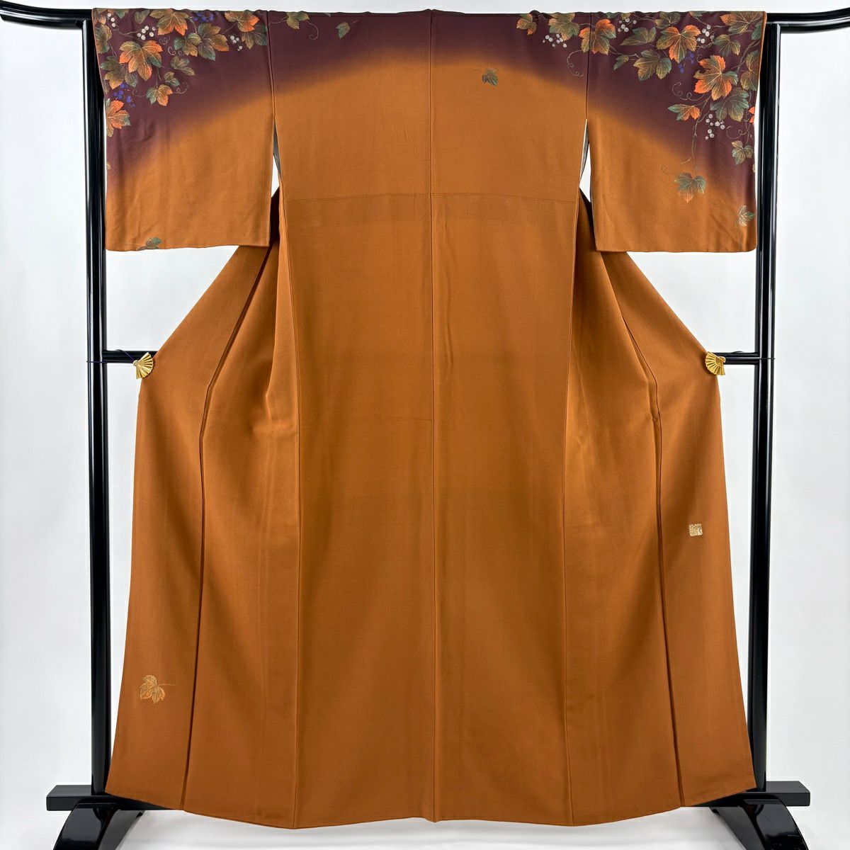 付下 身長161cm 袖長64cm M 雙層 落款有 葉實刺繡 金彩裝飾 紅茶 純蠶絲 秀品級