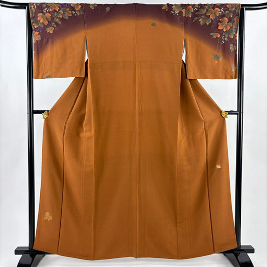 付下 身長161cm 袖長64cm M 雙層 落款有 葉實刺繡 金彩裝飾 紅茶 純蠶絲 秀品級