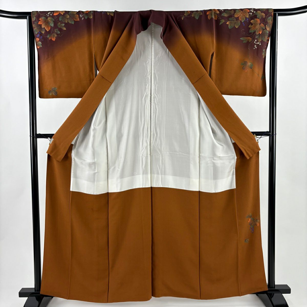 付下 身長161cm 袖長64cm M 雙層 落款有 葉實刺繡 金彩裝飾 紅茶 純蠶絲 秀品級