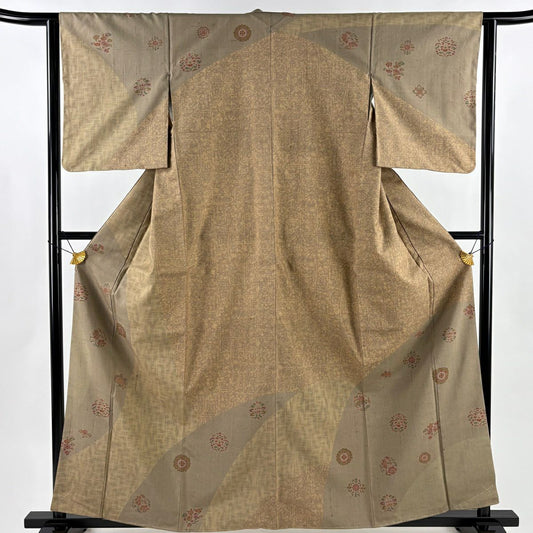 【美品】訪問服 身長160.5cm 袖長62.5cm S 雙層 紬織織 草花紋紋 染分 薄黃土色 純蠶絲 秀品級 一つ紋