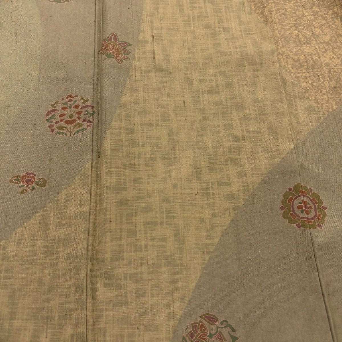 【美品】訪問服 身長160.5cm 袖長62.5cm S 雙層 紬織織 草花紋紋 染分 薄黃土色 純蠶絲 秀品級 一つ紋