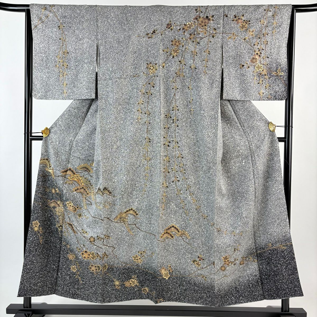 【美品】訪問服 身長152cm 袖長64.5cm M 雙層 松樹梅花 金絲 金銀彩 黑灰 純蠶絲 秀品級