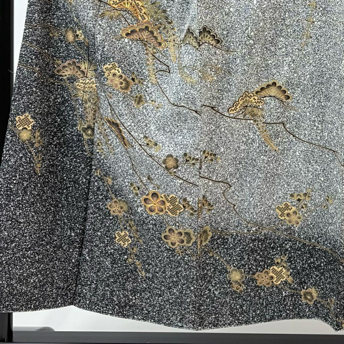 【美品】訪問服 身長152cm 袖長64.5cm M 雙層 松樹梅花 金絲 金銀彩 黑灰 純蠶絲 秀品級