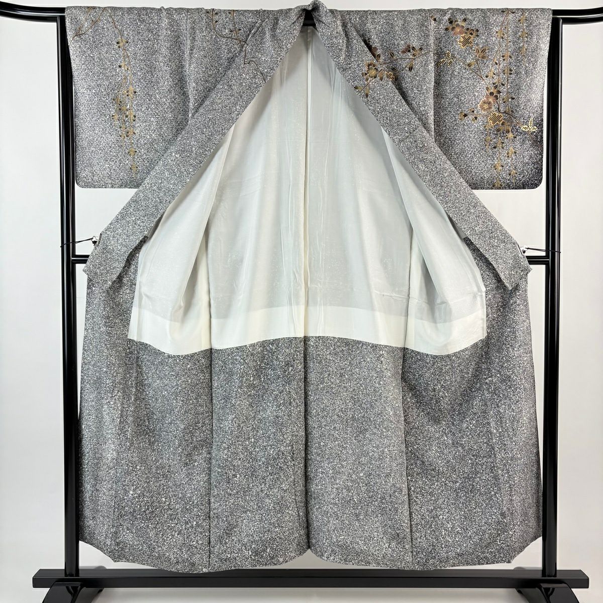 【美品】訪問服 身長152cm 袖長64.5cm M 雙層 松樹梅花 金絲 金銀彩 黑灰 純蠶絲 秀品級