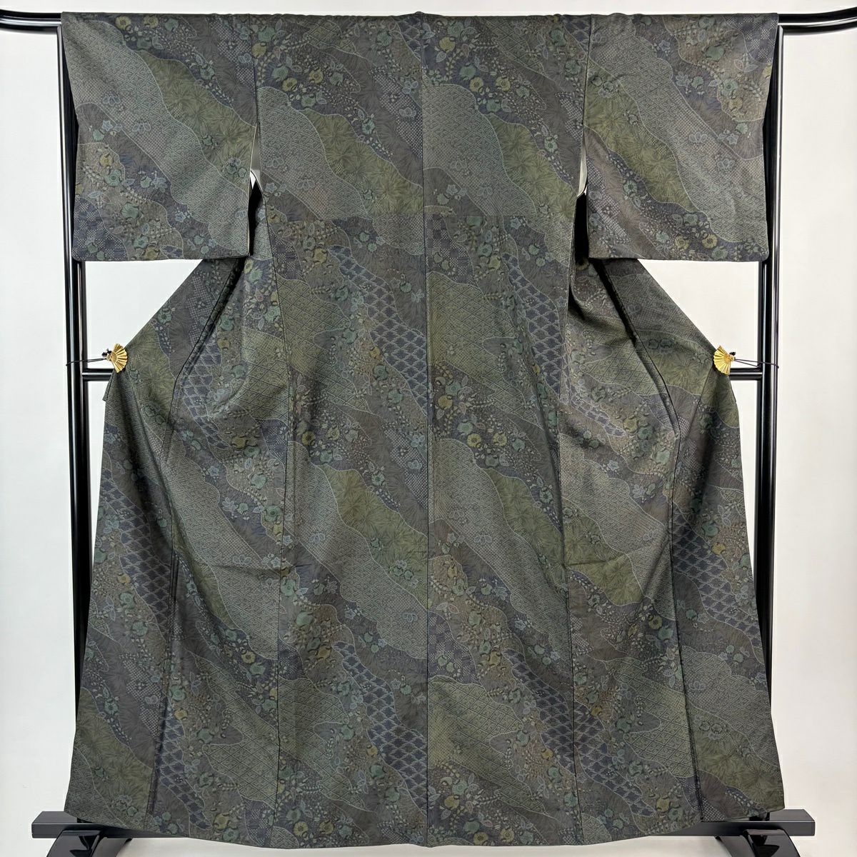 【美品】 小紋 身長151cm 袖長65.5cm M 雙層 紬織織 霞 草花紋紋 灰綠 純蠶絲 秀品級