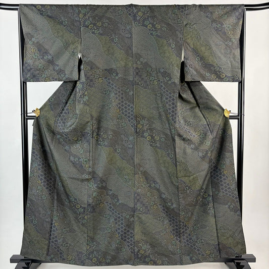 【美品】 小紋 身長151cm 袖長65.5cm M 雙層 紬織織 霞 草花紋紋 灰綠 純蠶絲 秀品級