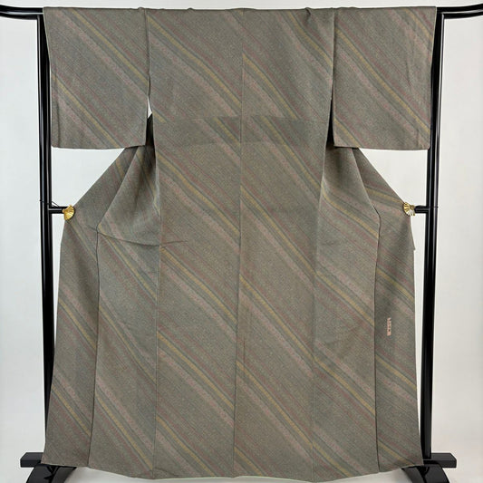 【美品】 小紋 身長162cm 袖長65cm M 雙層 細合俊男 落款あり 斜紋 草花紋紋 灰綠 純蠶絲 秀品級