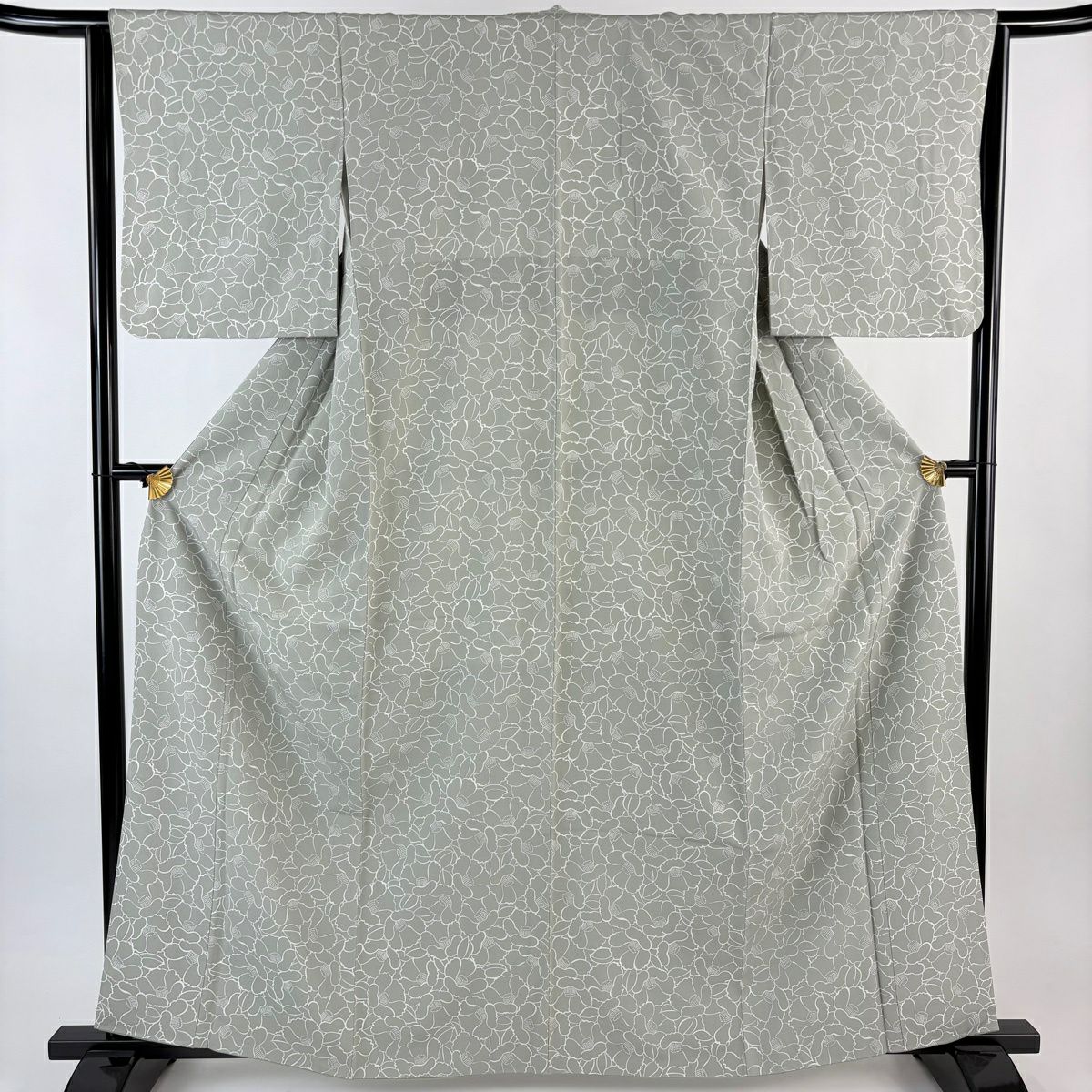 【美品】 小紋 身長162cm 袖長63cm S 雙層 椿 灰綠 純蠶絲 秀品級