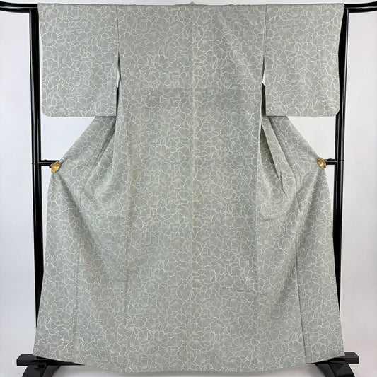 【美品】 小紋 身長162cm 袖長63cm S 雙層 椿 灰綠 純蠶絲 秀品級