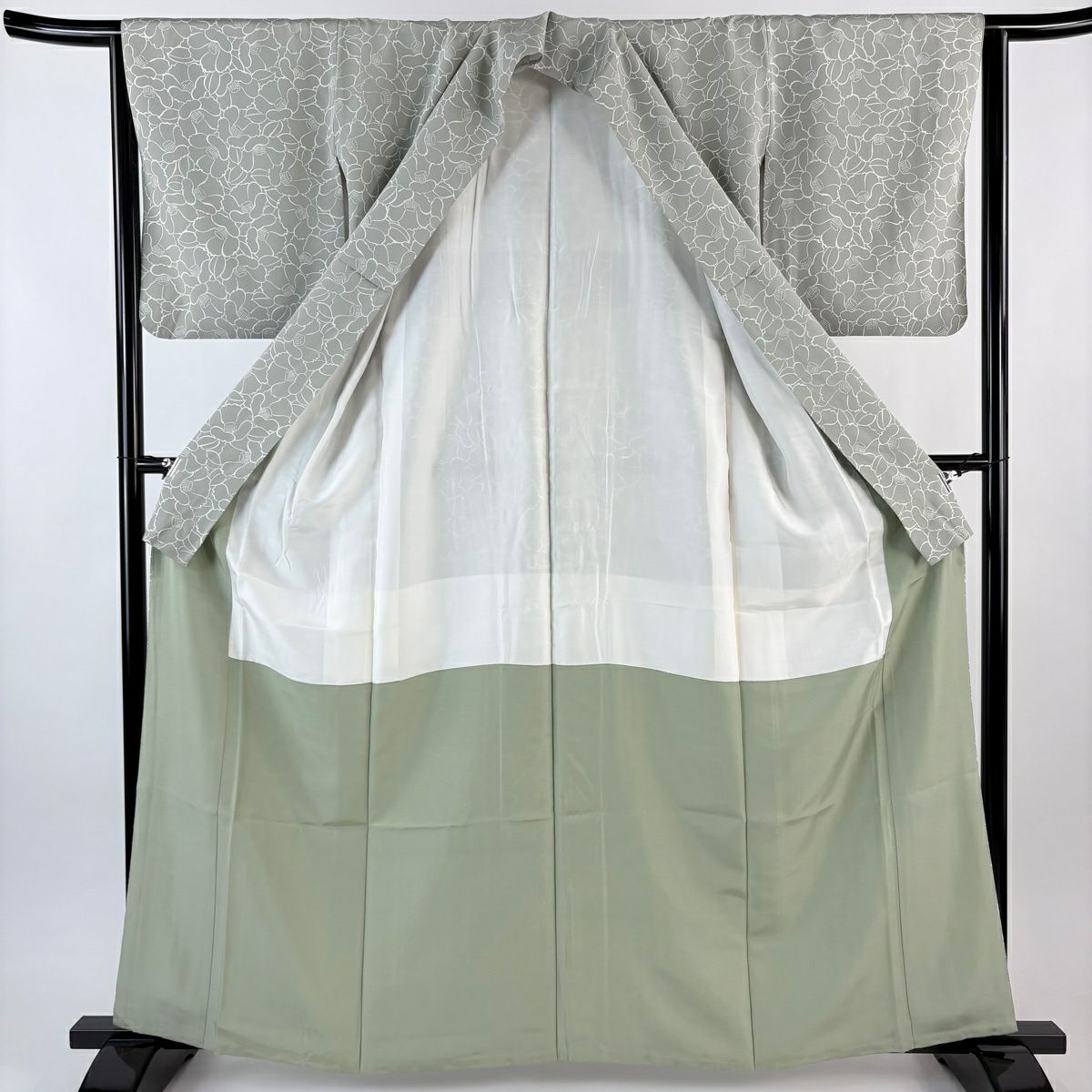 【美品】 小紋 身長162cm 袖長63cm S 雙層 椿 灰綠 純蠶絲 秀品級