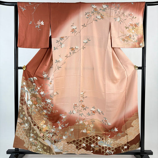 訪問服 身長158.5cm 袖長64.5cm M 雙層 松樹竹子梅花 建物 金絲 金銀彩 紅茶 純蠶絲 秀品級