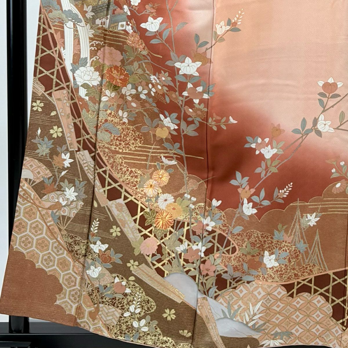 訪問服 身長158.5cm 袖長64.5cm M 雙層 松樹竹子梅花 建物 金絲 金銀彩 紅茶 純蠶絲 秀品級
