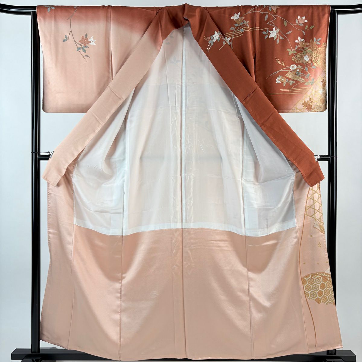 訪問服 身長158.5cm 袖長64.5cm M 雙層 松樹竹子梅花 建物 金絲 金銀彩 紅茶 純蠶絲 秀品級