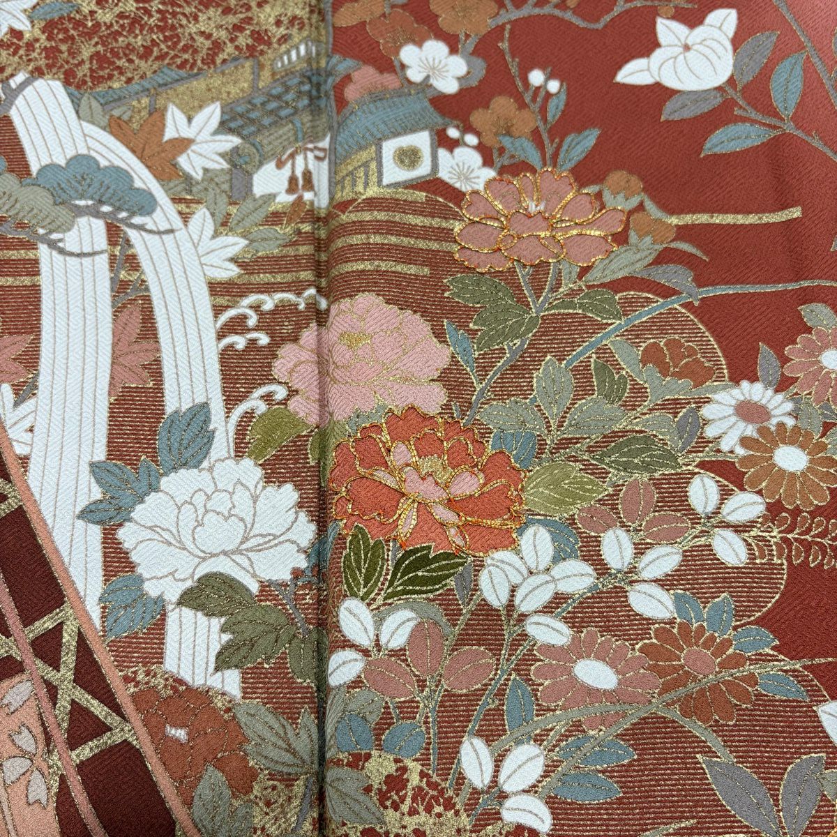 訪問服 身長158.5cm 袖長64.5cm M 雙層 松樹竹子梅花 建物 金絲 金銀彩 紅茶 純蠶絲 秀品級