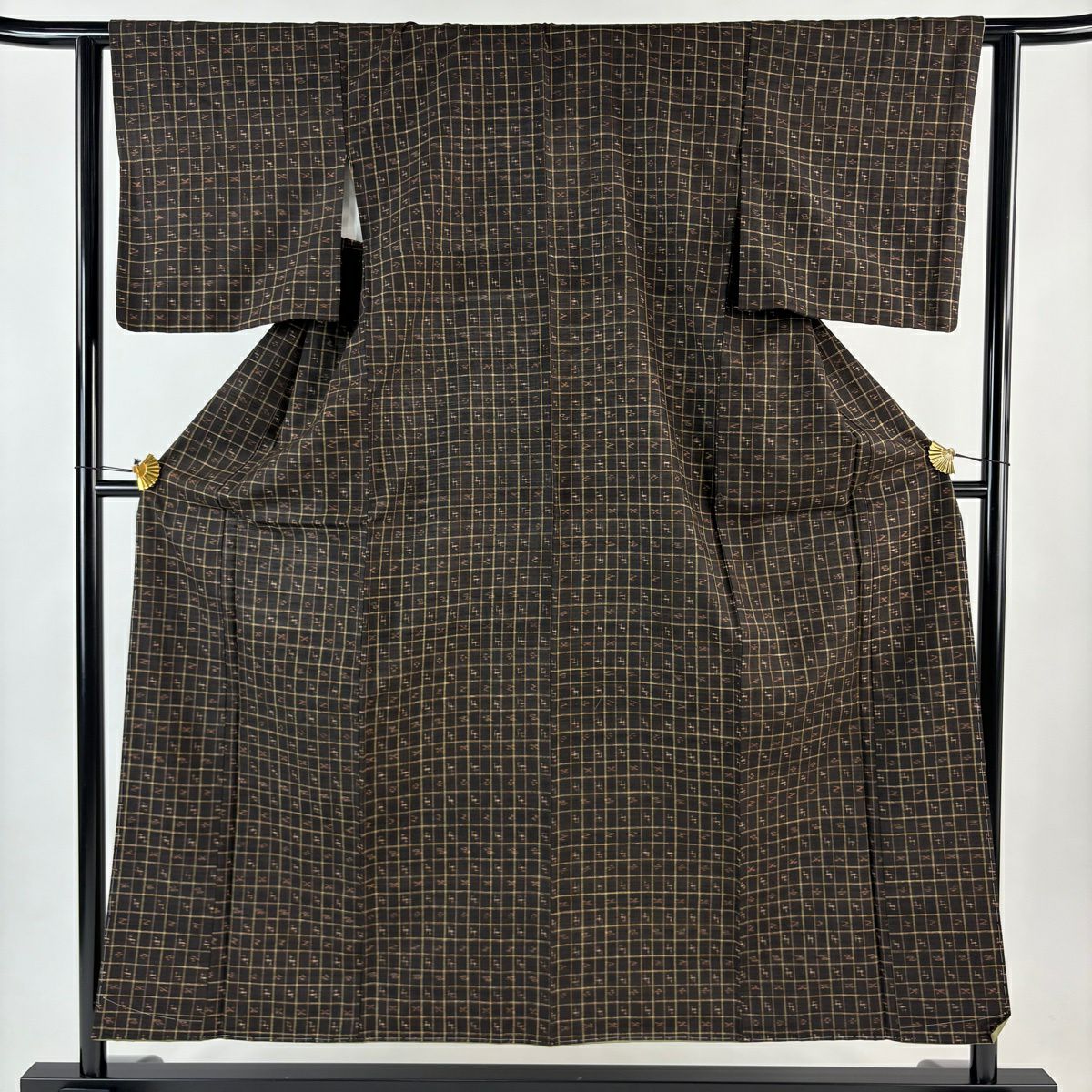 【美品】 紬織 身長154cm 袖長62cm S 雙層 格子 十字絣 焦茶 純蠶絲 秀品級