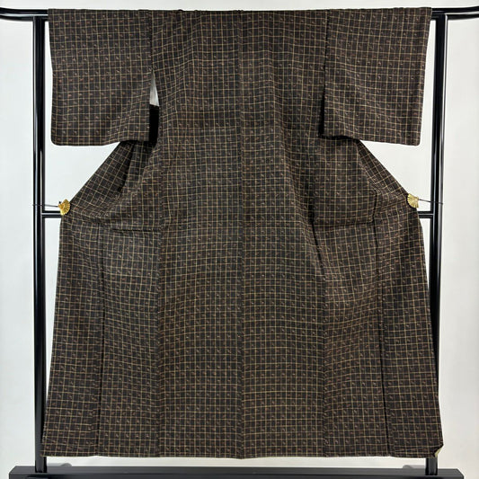 【美品】 紬織 身長154cm 袖長62cm S 雙層 格子 十字絣 焦茶 純蠶絲 秀品級