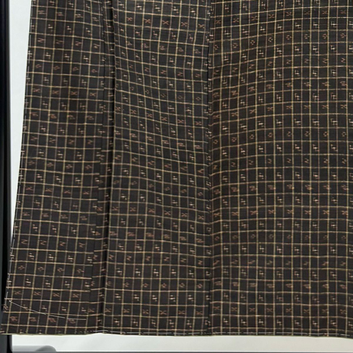 【美品】 紬織 身長154cm 袖長62cm S 雙層 格子 十字絣 焦茶 純蠶絲 秀品級