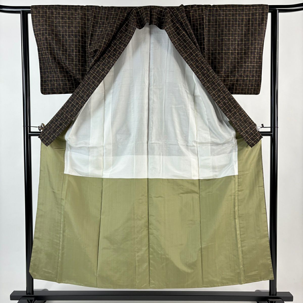 【美品】 紬織 身長154cm 袖長62cm S 雙層 格子 十字絣 焦茶 純蠶絲 秀品級