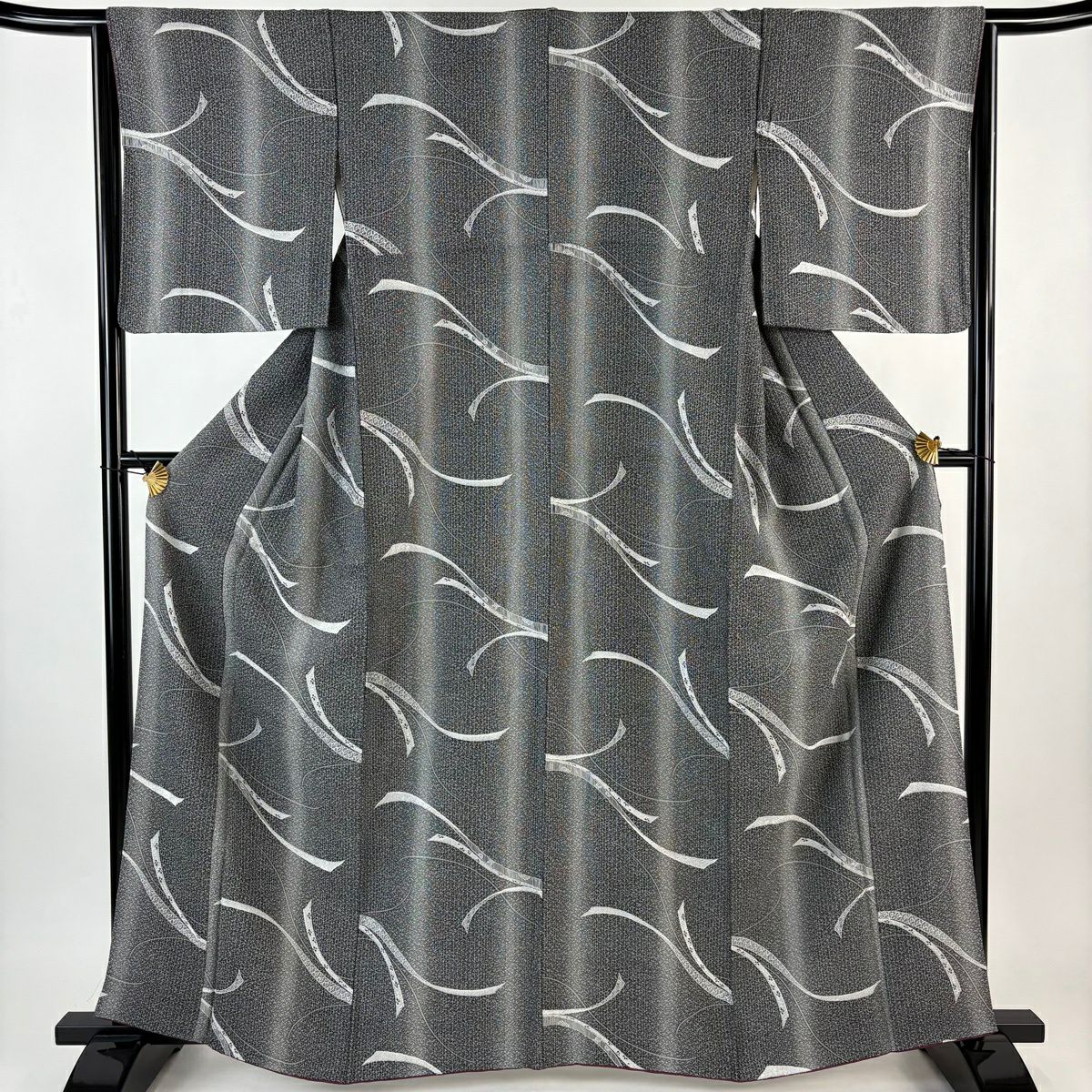 【美品】 小紋 身長163.5cm 袖長64.5cm M 雙層 蔓帶 縱條 黑灰 純蠶絲 秀品級