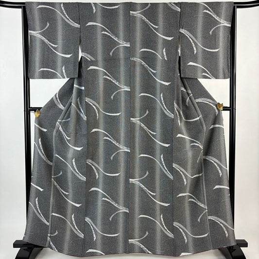 【美品】 小紋 身長163.5cm 袖長64.5cm M 雙層 蔓帶 縱條 黑灰 純蠶絲 秀品級
