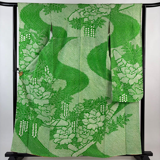 振袖禮服 身長160.5cm 袖長62cm S 雙層 牡丹 藤 總絞染 綠 純蠶絲 秀品級