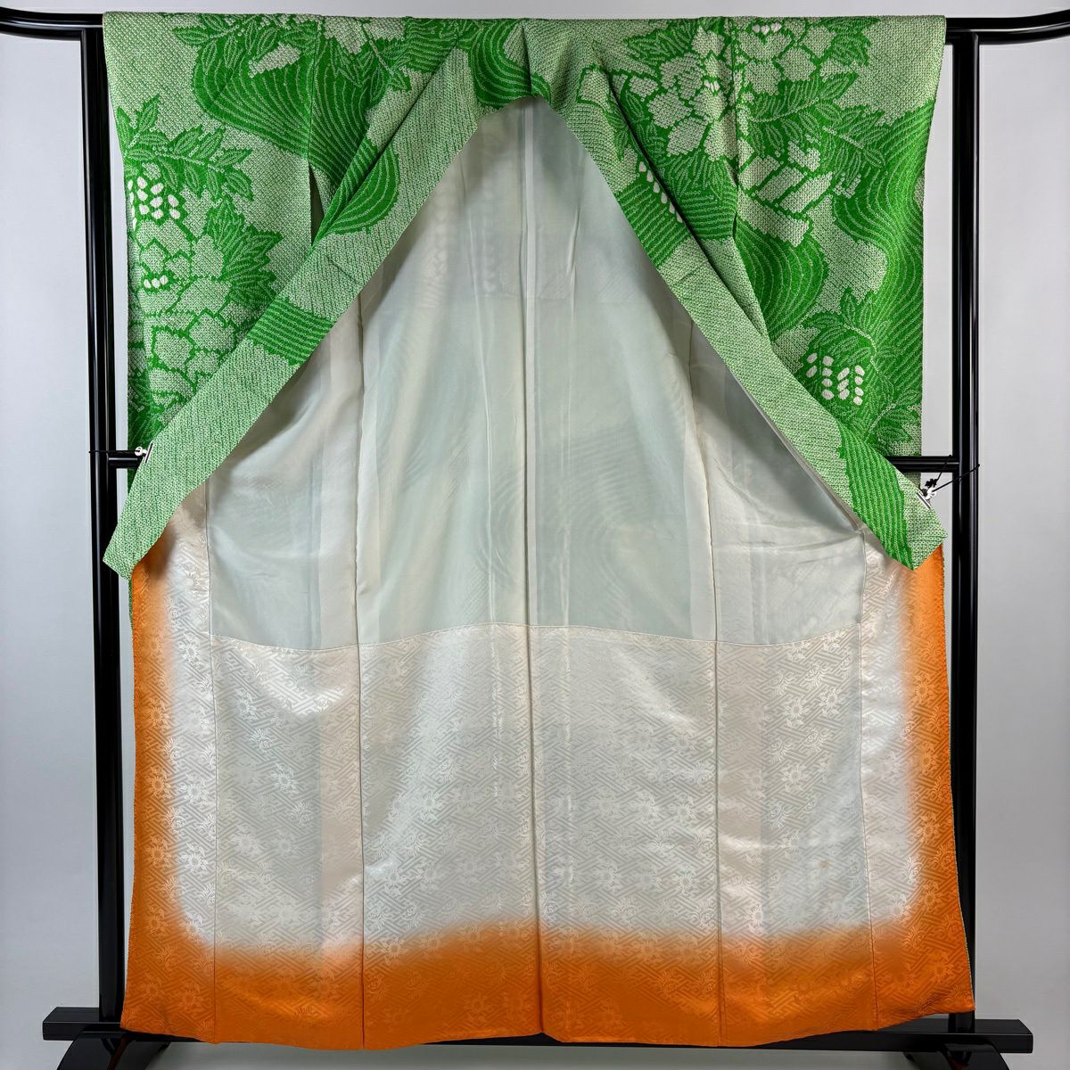 振袖禮服 身長160.5cm 袖長62cm S 雙層 牡丹 藤 總絞染 綠 純蠶絲 秀品級