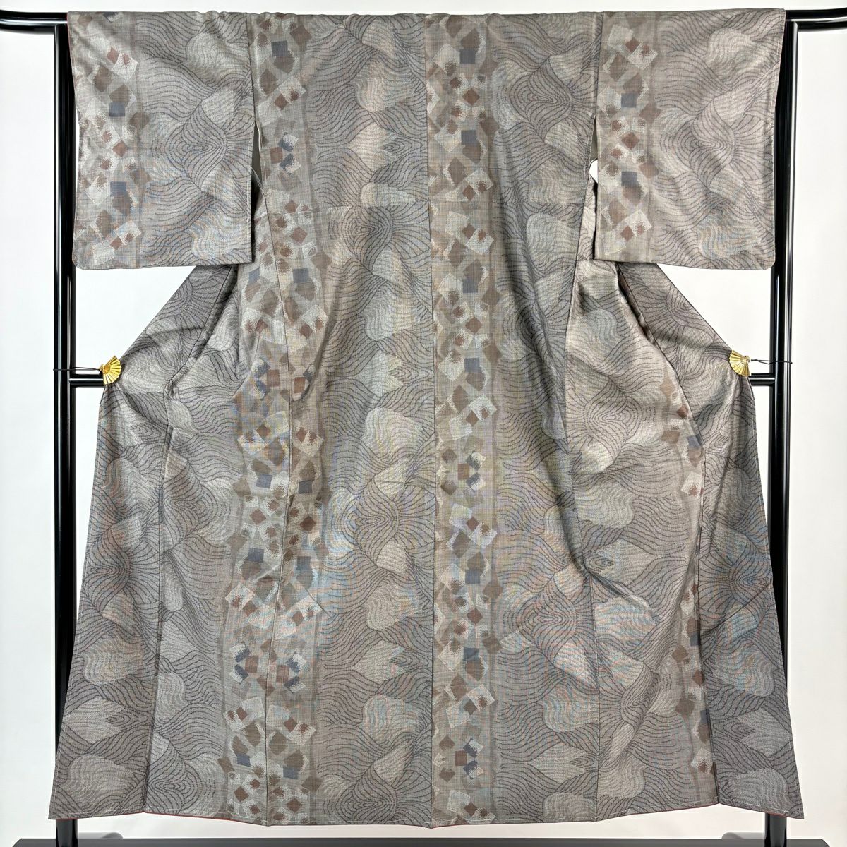 【美品】 紬織 身長155.5cm 袖長64.5cm M 雙層 波 金金箔散佈圖案 灰茶 純蠶絲 優品級