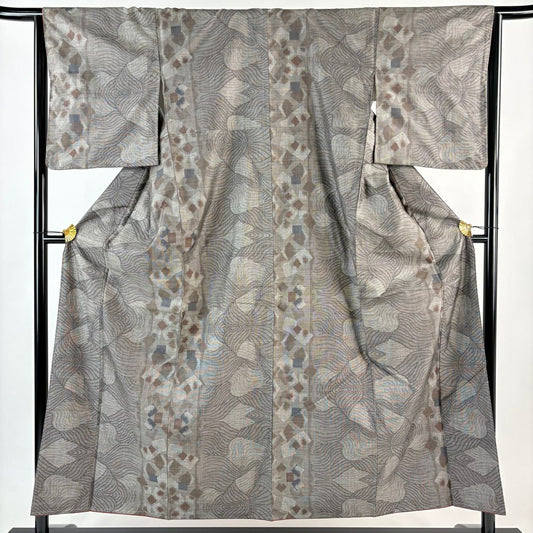 【美品】 紬織 身長155.5cm 袖長64.5cm M 雙層 波 金金箔散佈圖案 灰茶 純蠶絲 優品級