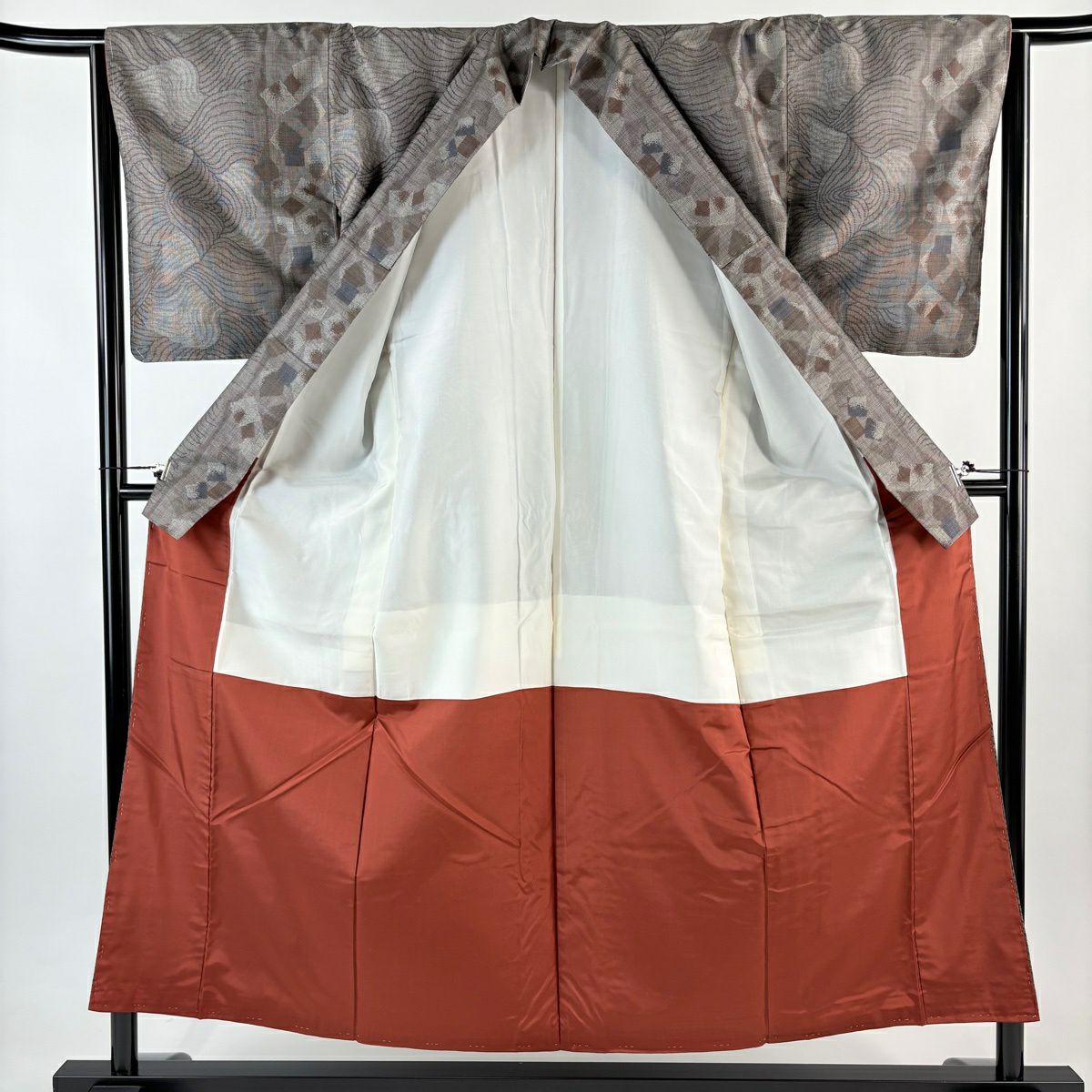 【美品】 紬織 身長155.5cm 袖長64.5cm M 雙層 波 金金箔散佈圖案 灰茶 純蠶絲 優品級