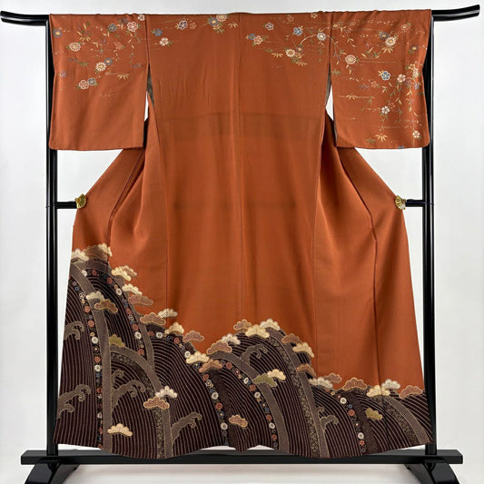 【美品】訪問服 身長155cm 袖長66cm M 雙層 松樹 波頭 金銀彩 紅茶 純蠶絲 秀品級