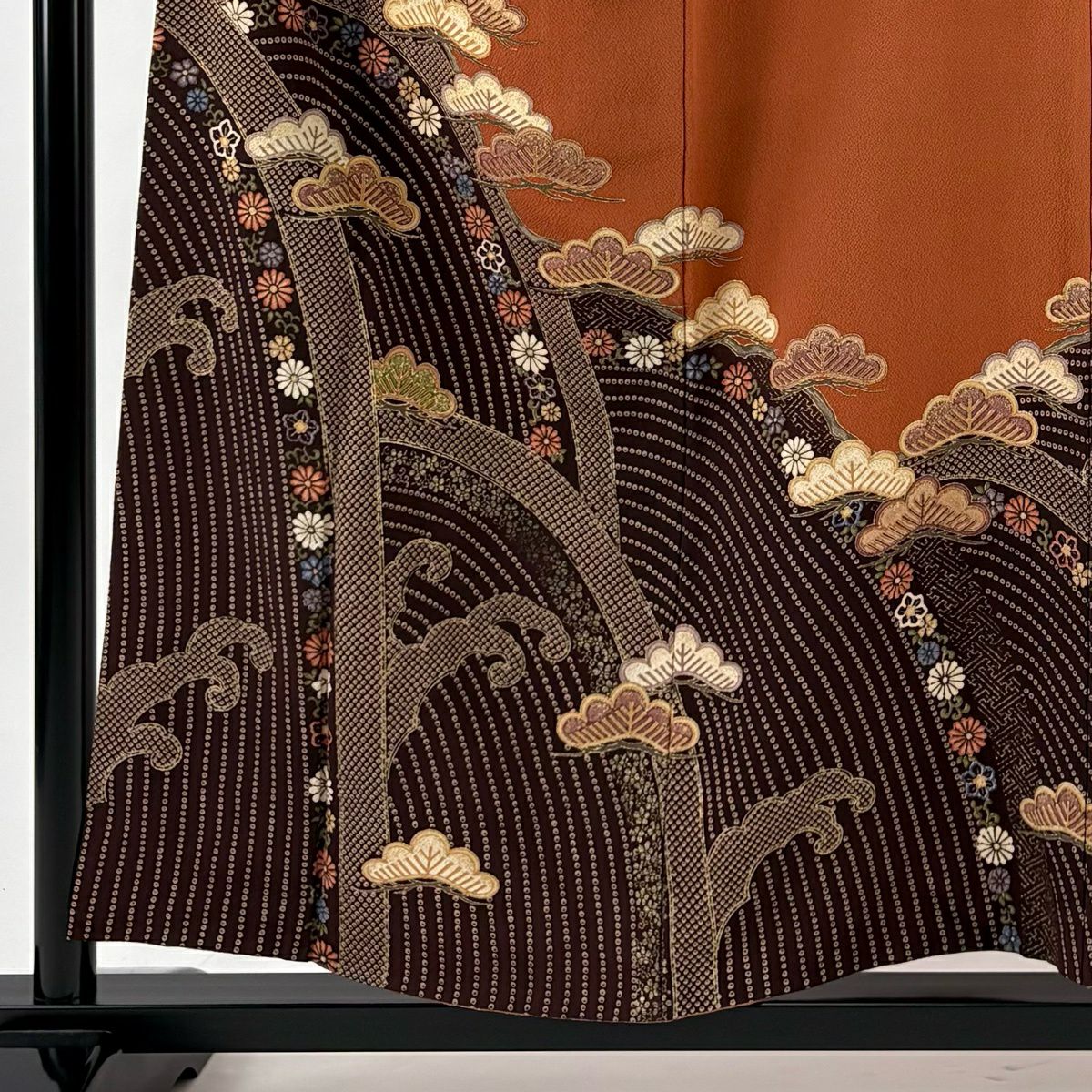 【美品】訪問服 身長155cm 袖長66cm M 雙層 松樹 波頭 金銀彩 紅茶 純蠶絲 秀品級