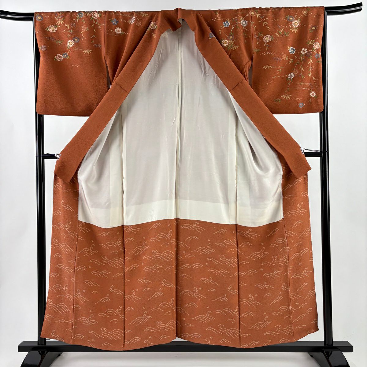 【美品】訪問服 身長155cm 袖長66cm M 雙層 松樹 波頭 金銀彩 紅茶 純蠶絲 秀品級