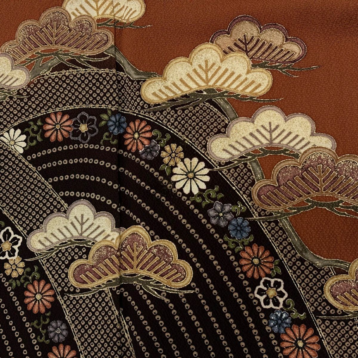 【美品】訪問服 身長155cm 袖長66cm M 雙層 松樹 波頭 金銀彩 紅茶 純蠶絲 秀品級
