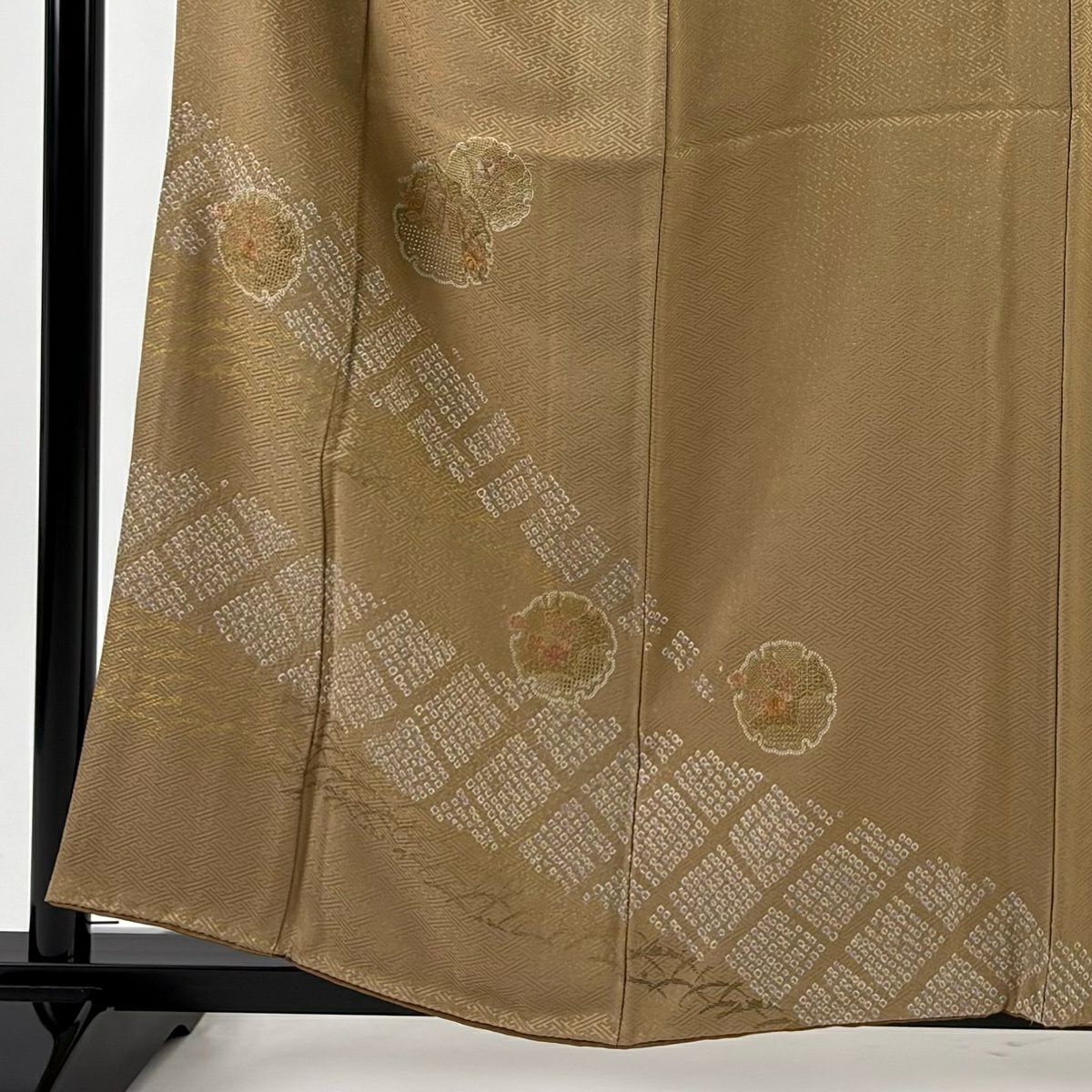 付下 身長159.5cm 袖長63.5cm S 雙層 雪輪 草花紋刺繡 絞染 淺茶 純蠶絲 優品級