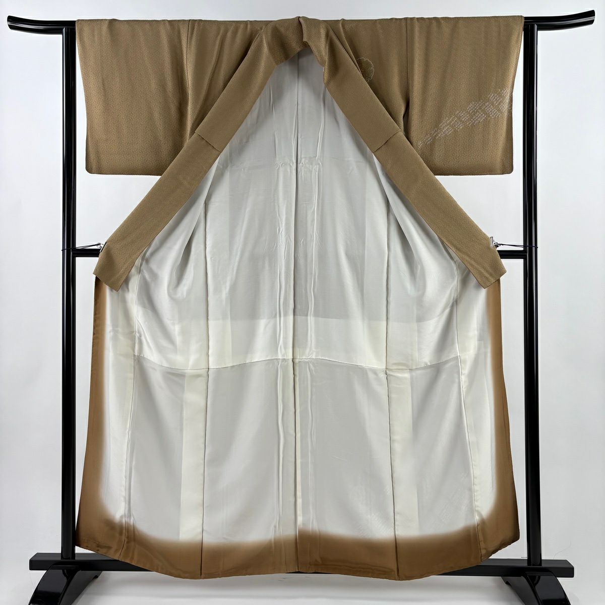 付下 身長159.5cm 袖長63.5cm S 雙層 雪輪 草花紋刺繡 絞染 淺茶 純蠶絲 優品級