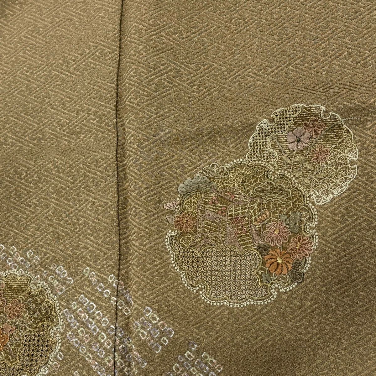 付下 身長159.5cm 袖長63.5cm S 雙層 雪輪 草花紋刺繡 絞染 淺茶 純蠶絲 優品級