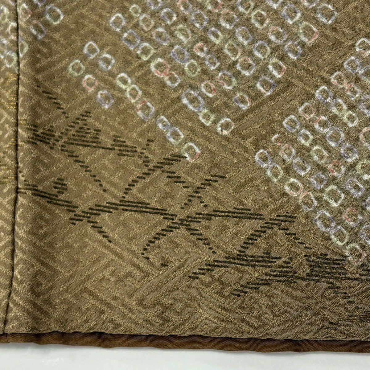付下 身長159.5cm 袖長63.5cm S 雙層 雪輪 草花紋刺繡 絞染 淺茶 純蠶絲 優品級