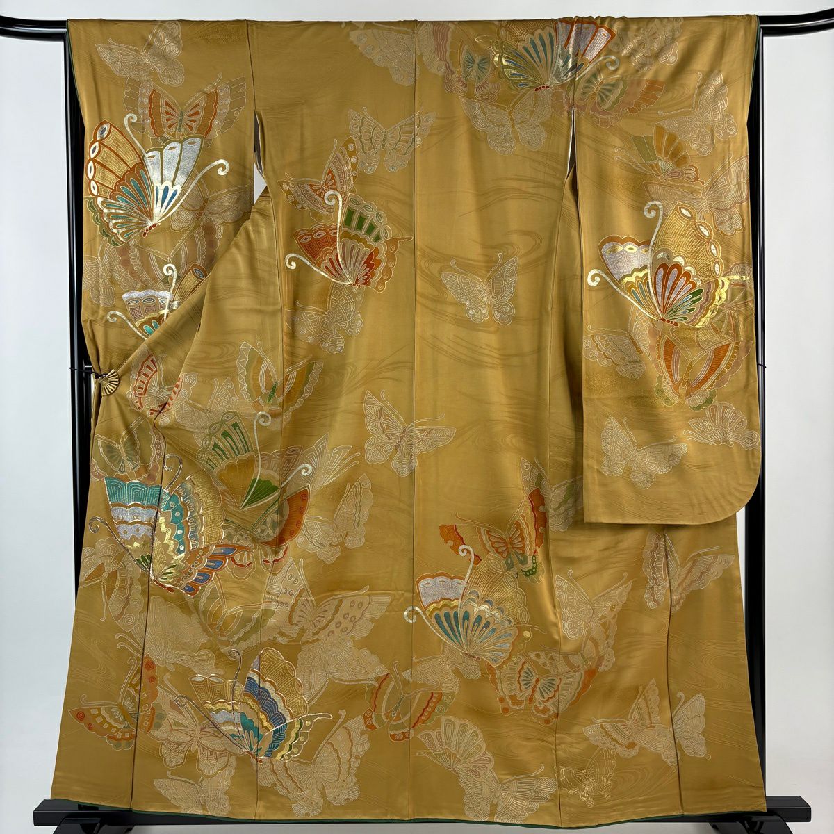 振袖禮服 身長159.5cm 袖長66cm M 雙層 蝶 金絲 金銀彩 山吹茶 純蠶絲 秀品級