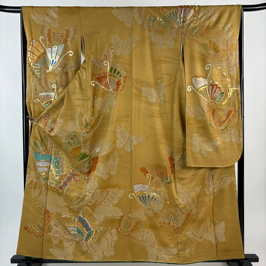 振袖禮服 身長159.5cm 袖長66cm M 雙層 蝶 金絲 金銀彩 山吹茶 純蠶絲 秀品級