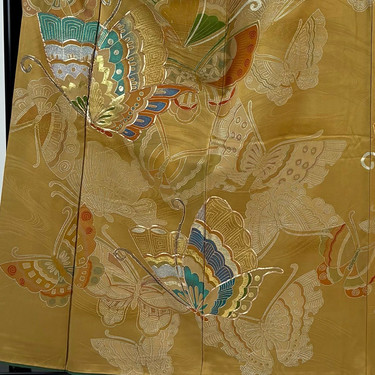 振袖禮服 身長159.5cm 袖長66cm M 雙層 蝶 金絲 金銀彩 山吹茶 純蠶絲 秀品級