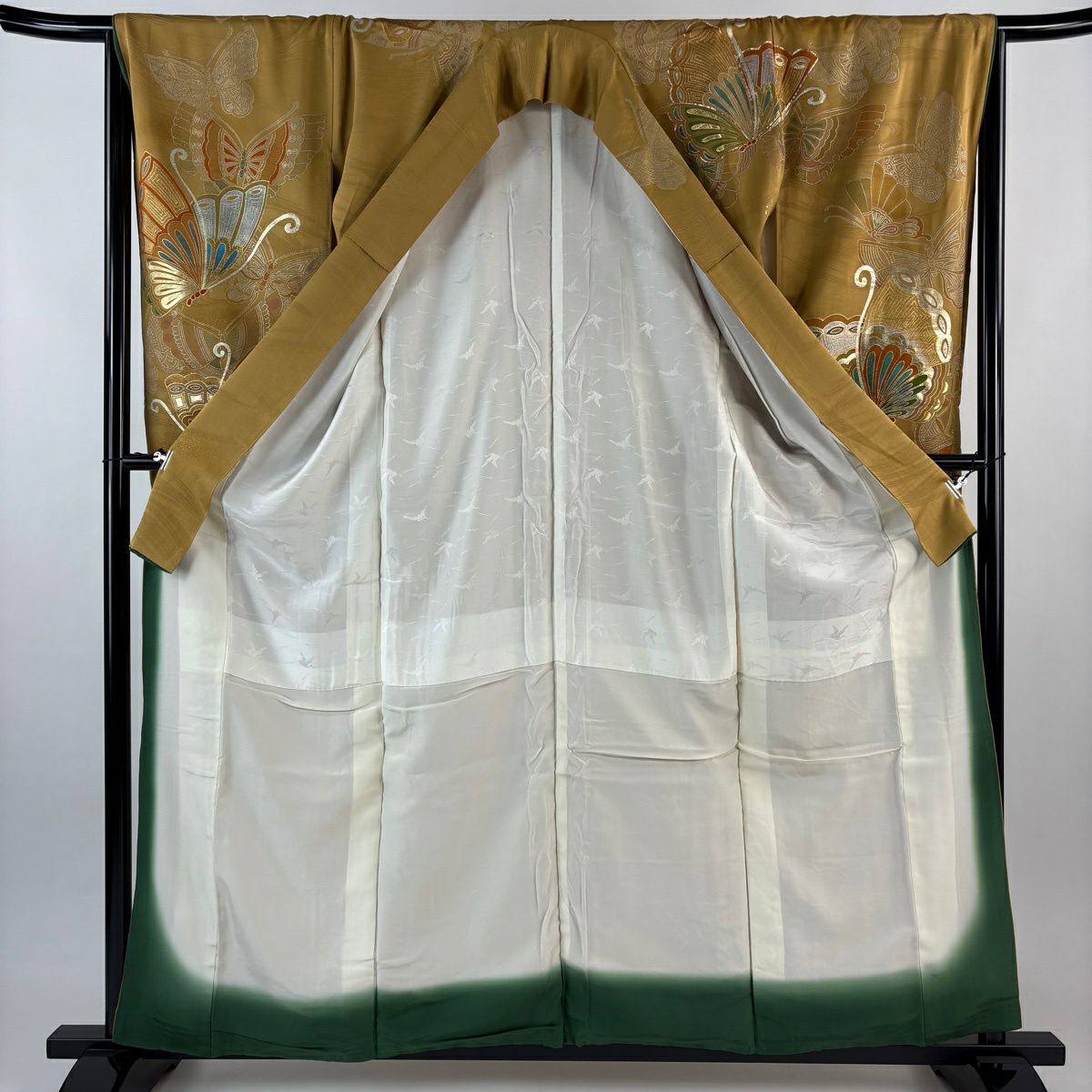 振袖禮服 身長159.5cm 袖長66cm M 雙層 蝶 金絲 金銀彩 山吹茶 純蠶絲 秀品級