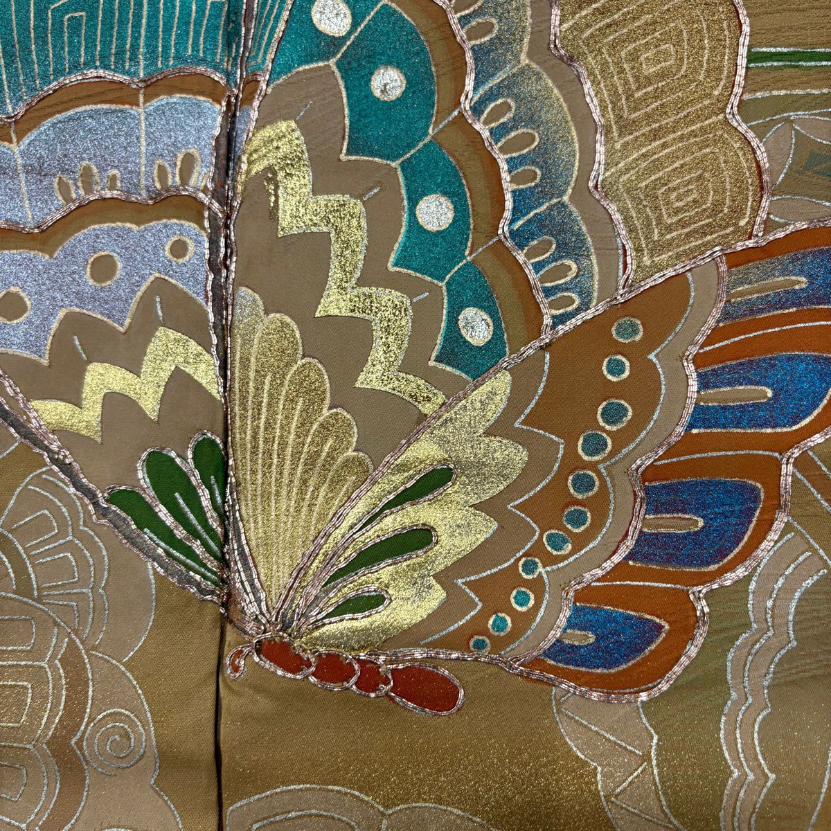 振袖禮服 身長159.5cm 袖長66cm M 雙層 蝶 金絲 金銀彩 山吹茶 純蠶絲 秀品級