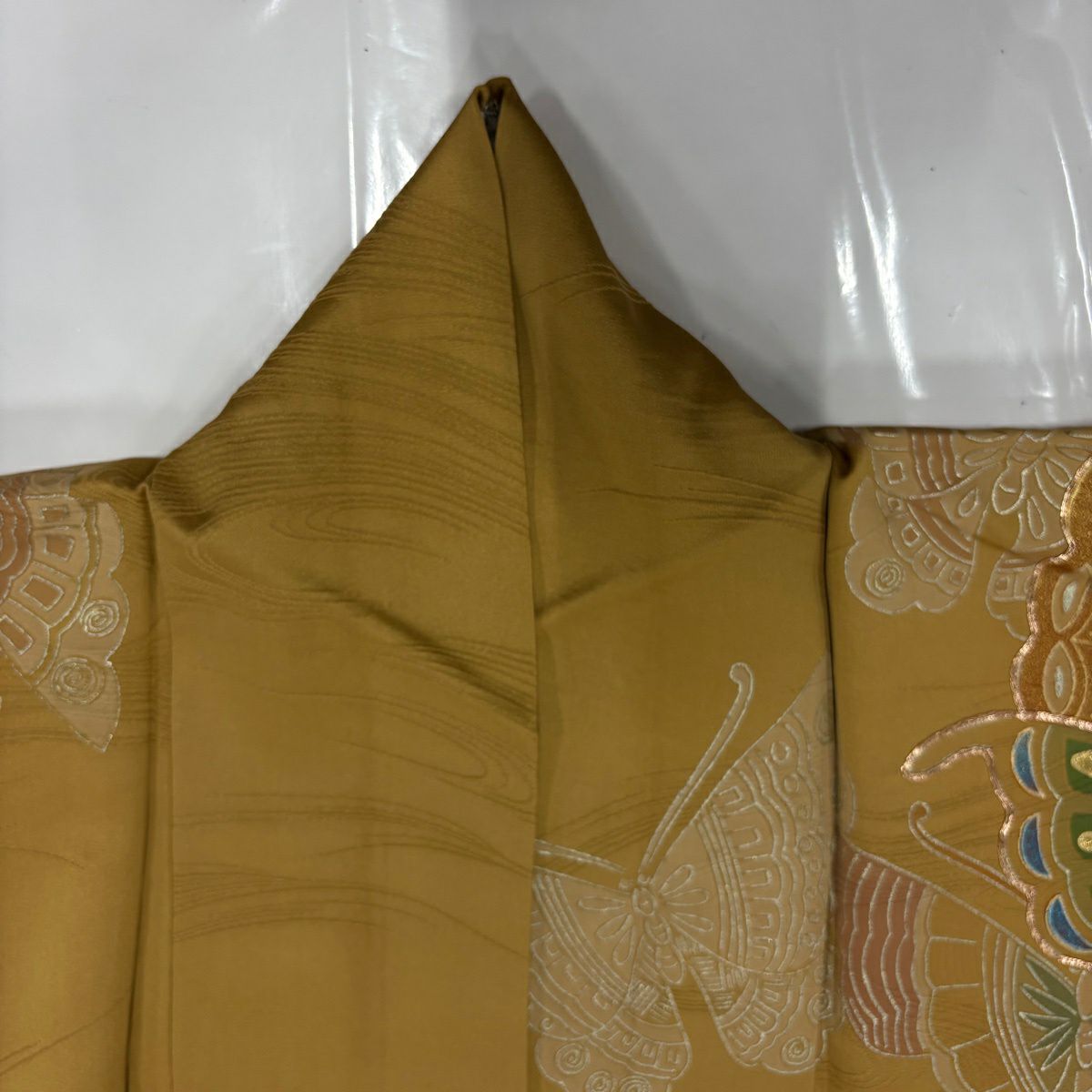振袖禮服 身長159.5cm 袖長66cm M 雙層 蝶 金絲 金銀彩 山吹茶 純蠶絲 秀品級