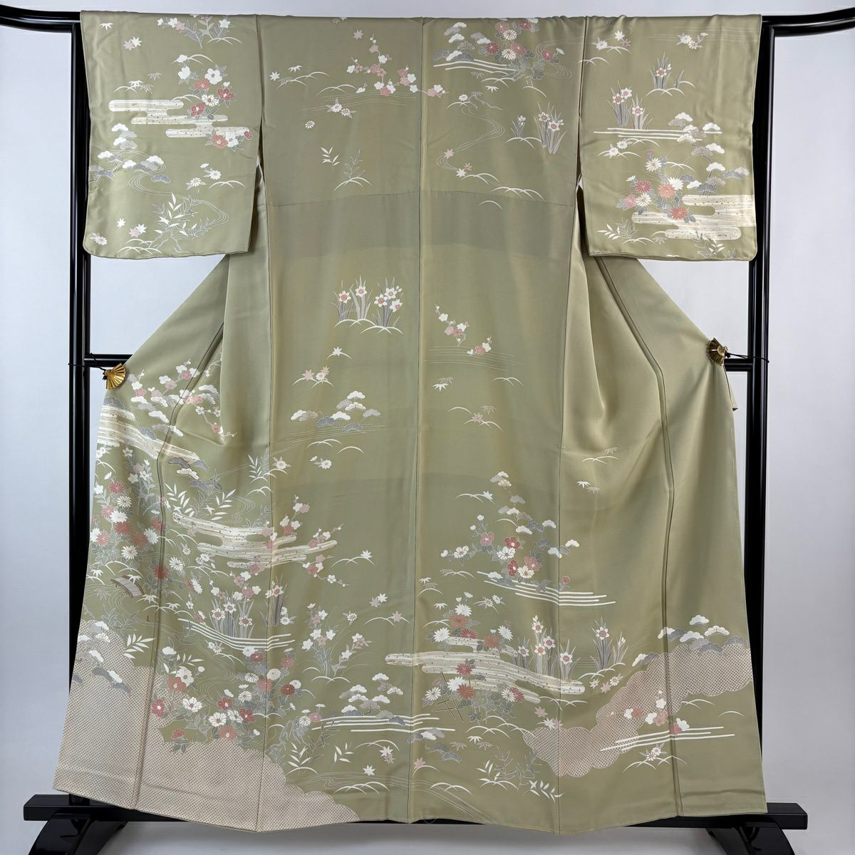 訪問服 身長159cm 袖長65.5cm M 雙層 草花紋紋 淡霞 金絲 金銀彩 灰綠 純蠶絲 優品級