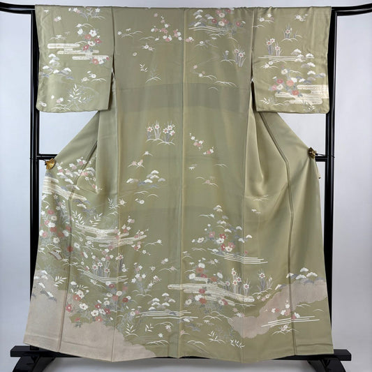 訪問服 身長159cm 袖長65.5cm M 雙層 草花紋紋 淡霞 金絲 金銀彩 灰綠 純蠶絲 優品級