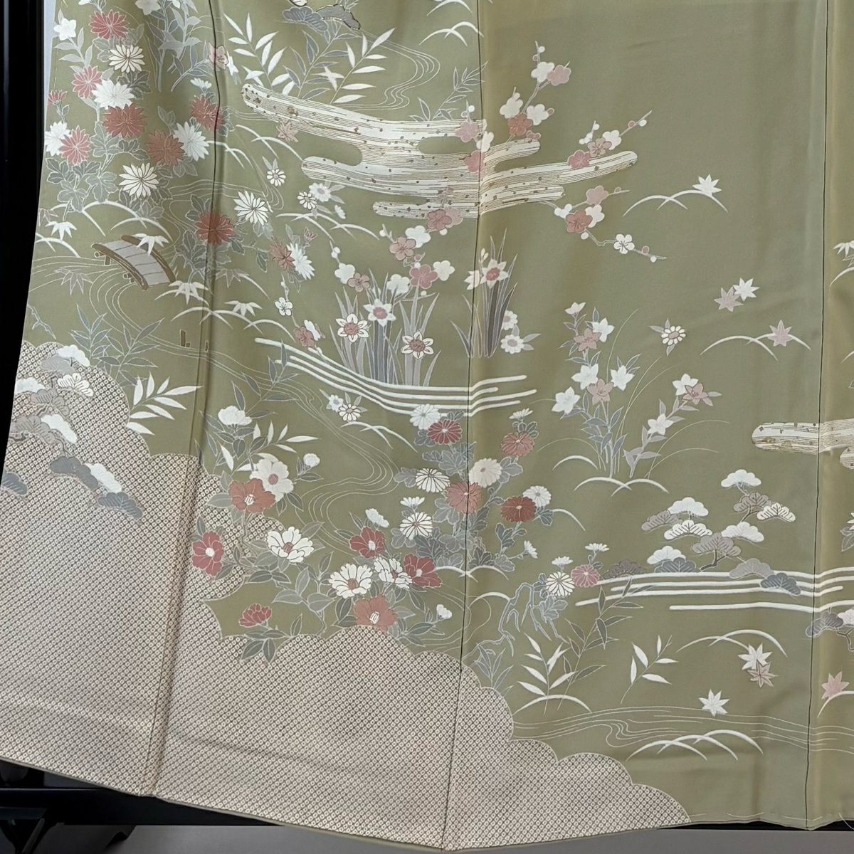 訪問服 身長159cm 袖長65.5cm M 雙層 草花紋紋 淡霞 金絲 金銀彩 灰綠 純蠶絲 優品級