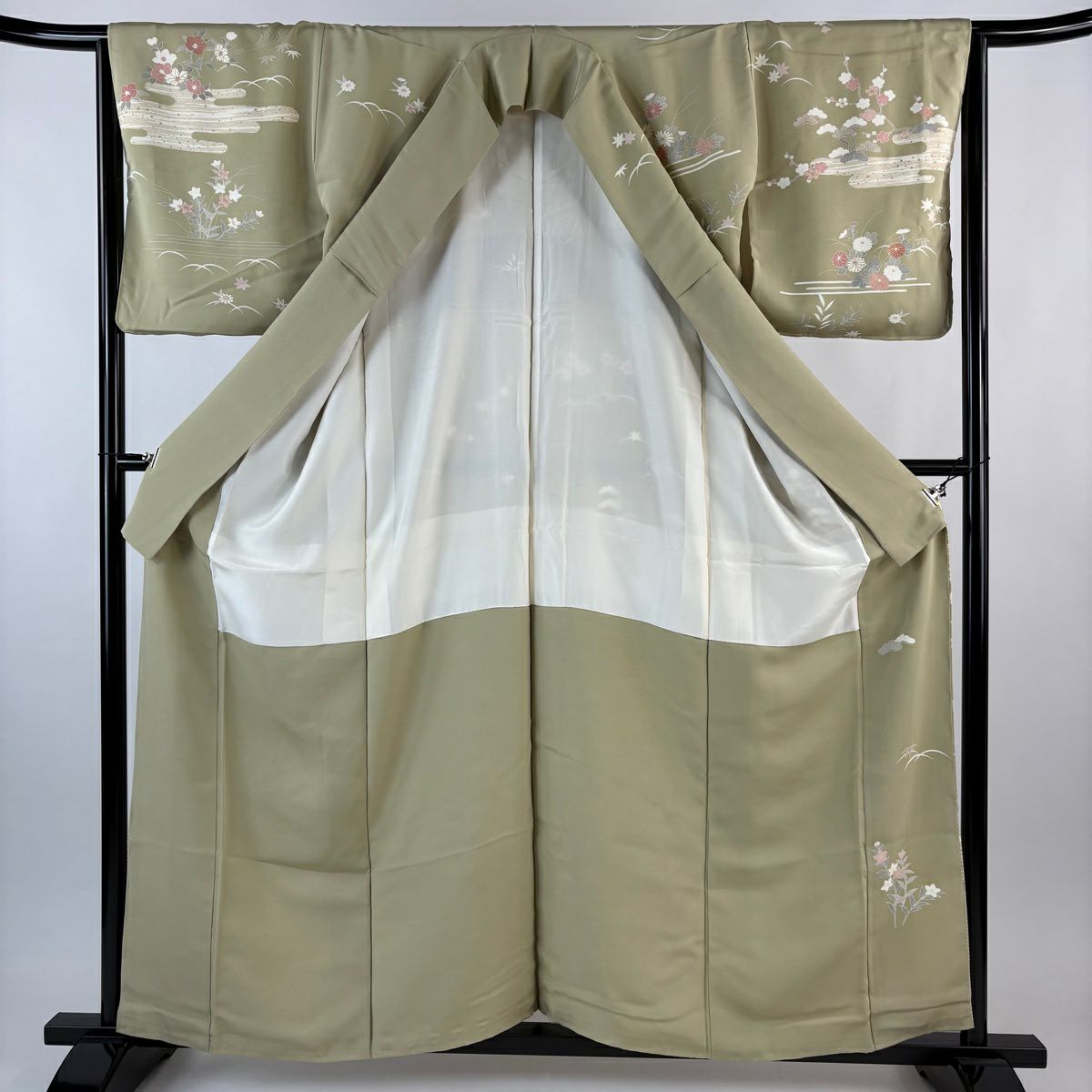 訪問服 身長159cm 袖長65.5cm M 雙層 草花紋紋 淡霞 金絲 金銀彩 灰綠 純蠶絲 優品級