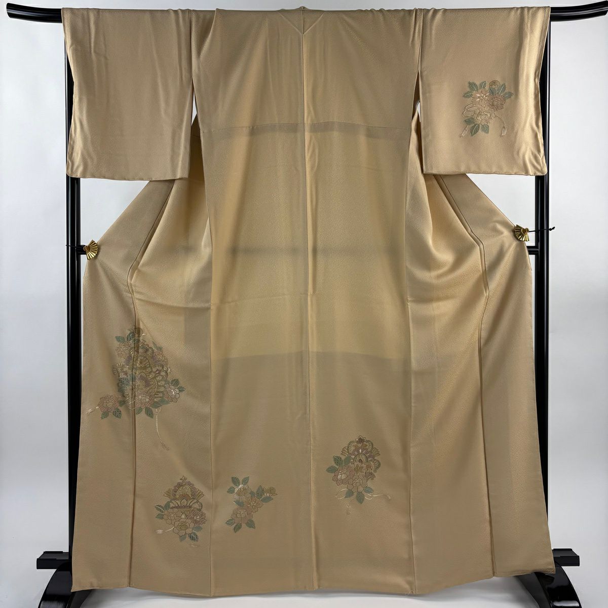 付下 身長167cm 袖長68cm L 雙層 草花紋紋 組紐刺繡 金線 淺茶 純蠶絲 優品級
