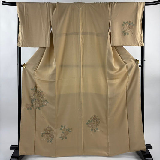 付下 身長167cm 袖長68cm L 雙層 草花紋紋 組紐刺繡 金線 淺茶 純蠶絲 優品級